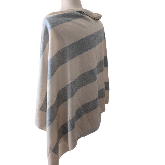 Kerisma Women’s Wool Blend Poncho Shawl OS Asymmetrical Ivory Grey Stripes EUC - Picture 4 of 5